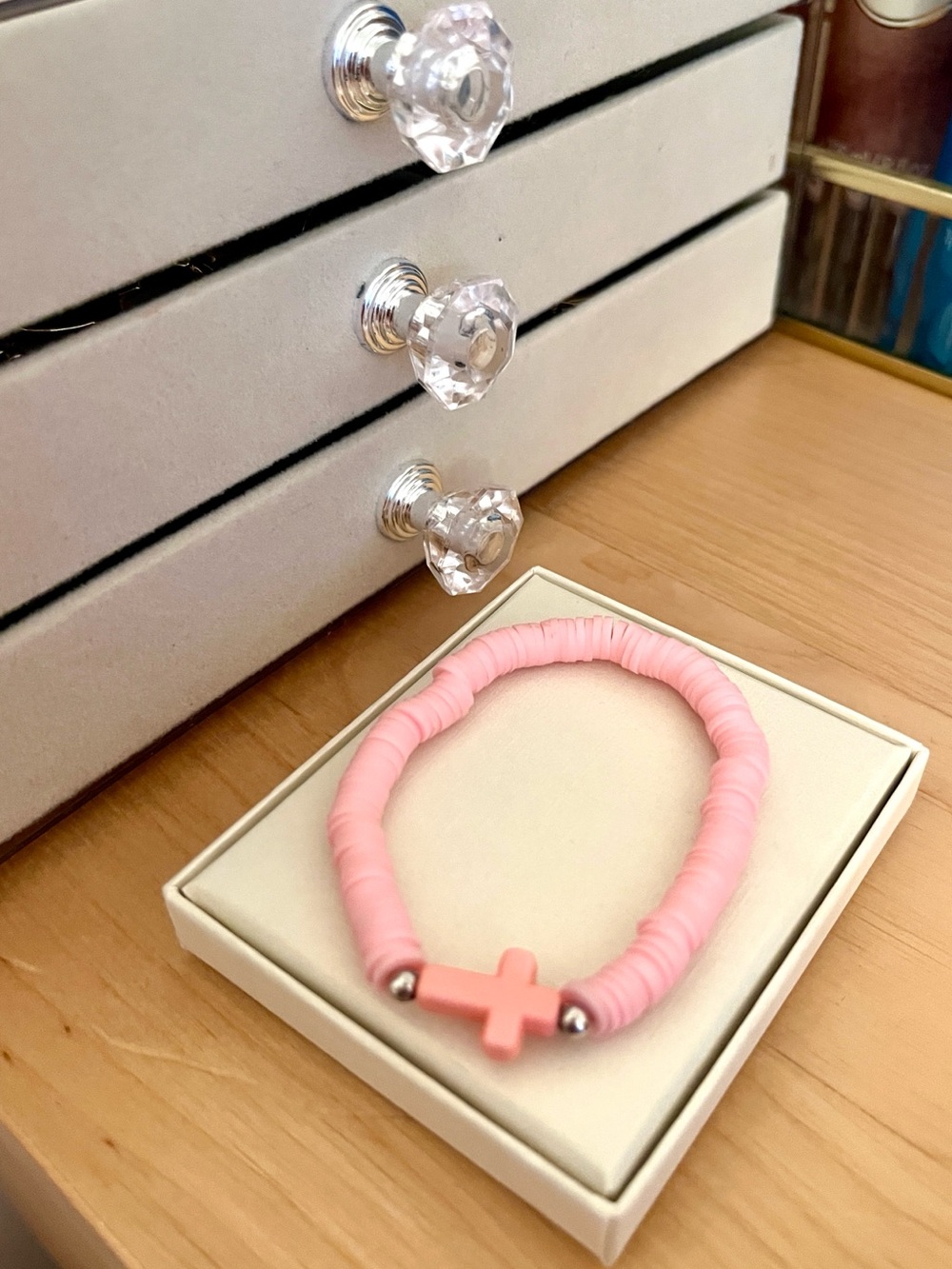 Pink Cross Beaded Stretch Bracelet